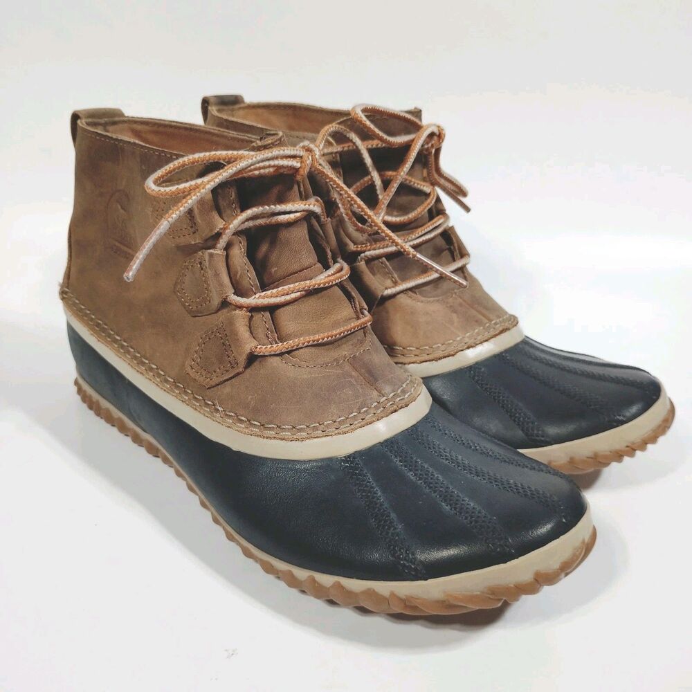 SOREL Out N About Leather Ankle Duck Boots Womens Size 9 Brown Navy Blue